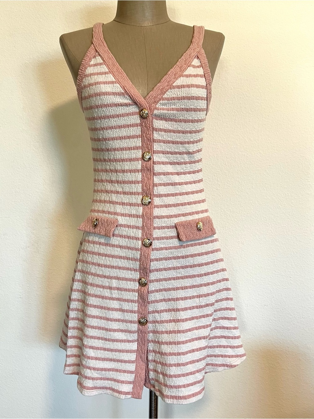 Sleeveless Striped Mini Dress with Button Front in Pink and White